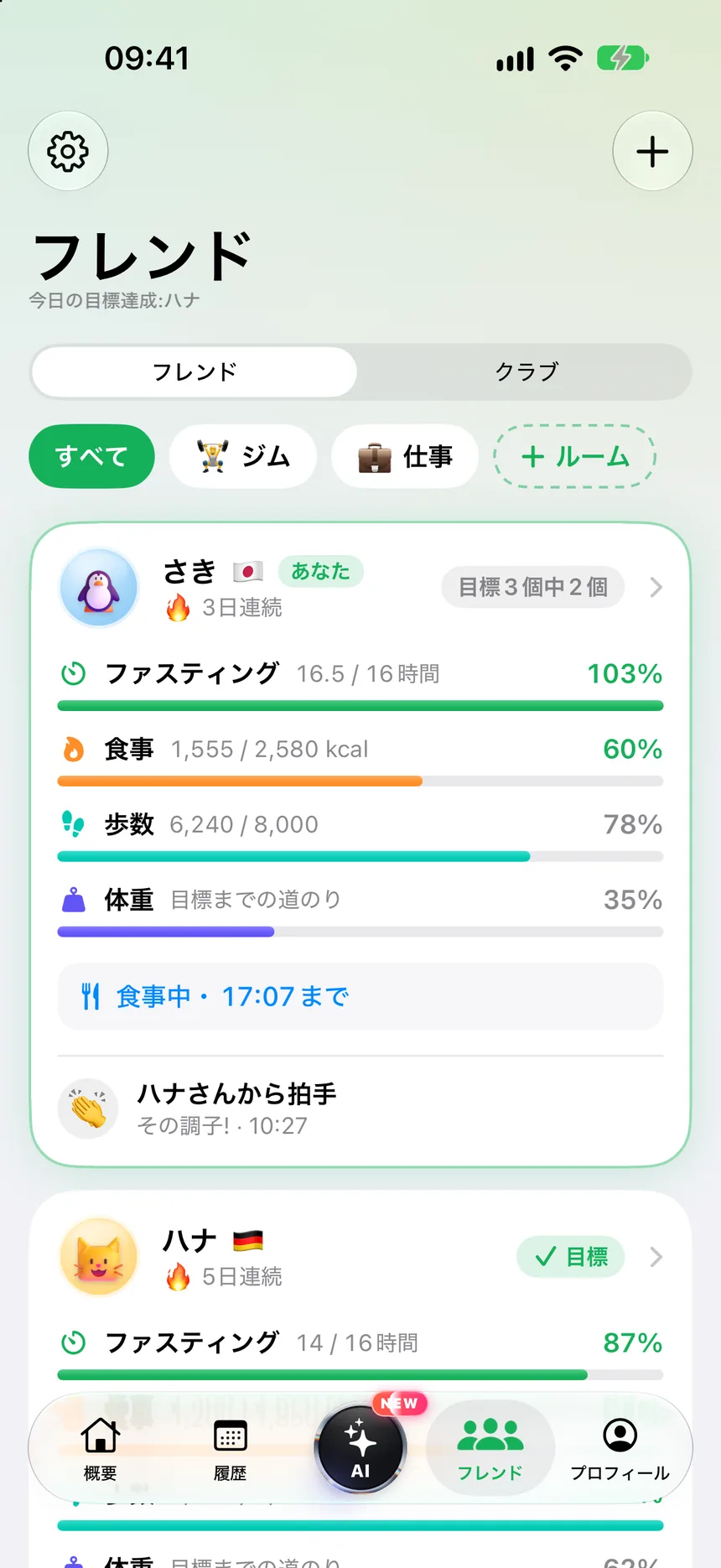 友だちのカード：断食、食事、歩数、体重