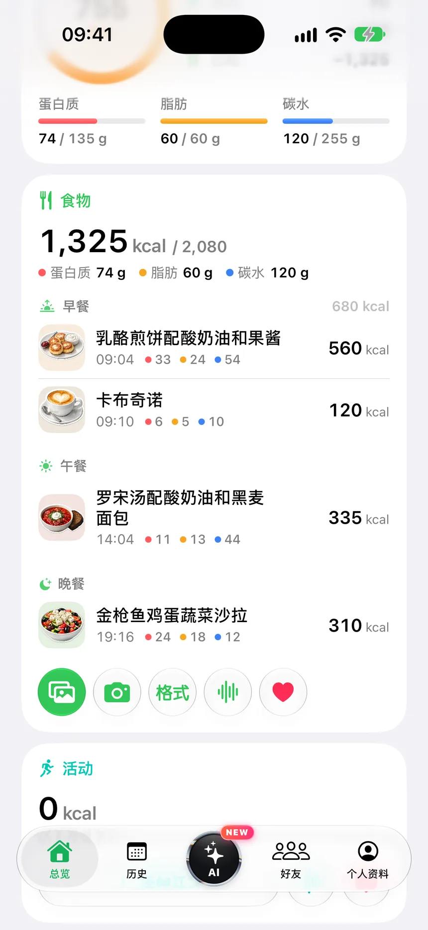 饮食记录:俄式奶酪煎饼、罗宋汤、卡布奇诺、金枪鱼沙拉,附照片、卡路里和三大营养素